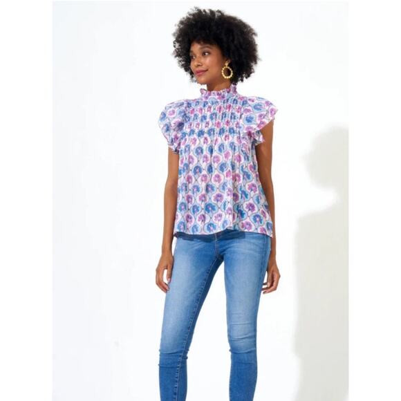 Oliphant Tops - Oliphant Pintuck Ruffle Top, Iris Blue